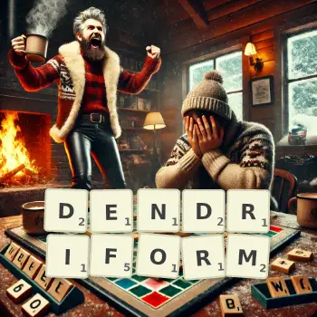 Creative illustration for a Scrabble game with the word DENDRIFORM spelled out in tiles on the board.