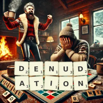 Creative illustration for a Scrabble game with the word DENUDATION spelled out in tiles on the board.