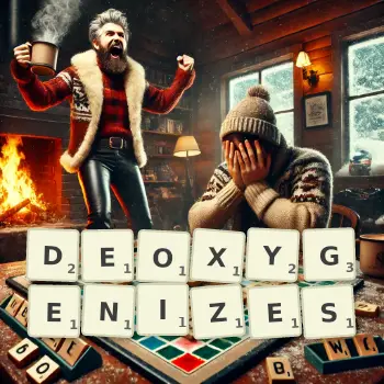 Creative illustration for a Scrabble game with the word DEOXYGENIZES spelled out in tiles on the board.