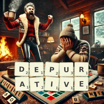 Creative illustration for a Scrabble game with the word DEPURATIVE spelled out in tiles on the board.