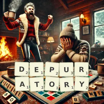 Creative illustration for a Scrabble game with the word DEPURATORY spelled out in tiles on the board.