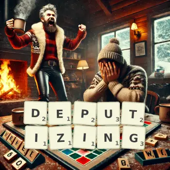 Creative illustration for a Scrabble game with the word DEPUTIZING spelled out in tiles on the board.