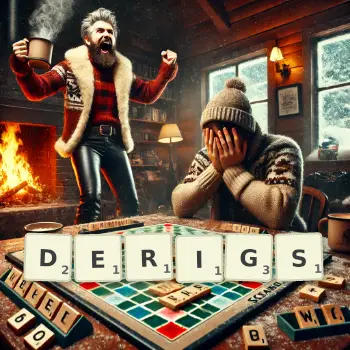 Creative illustration for a Scrabble game with the word DERIGS spelled out in tiles on the board.