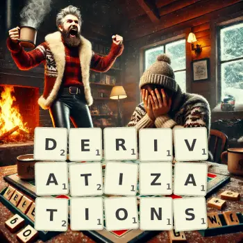 Creative illustration for a Scrabble game with the word DERIVATIZATIONS spelled out in tiles on the board.