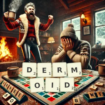 Creative illustration for a Scrabble game with the word DERMOID spelled out in tiles on the board.