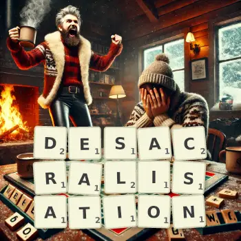 Creative illustration for a Scrabble game with the word DESACRALISATION spelled out in tiles on the board.