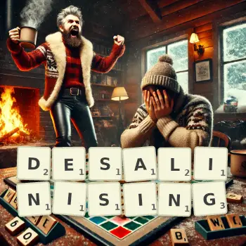 Creative illustration for a Scrabble game with the word DESALINISING spelled out in tiles on the board.