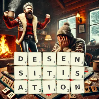 Creative illustration for a Scrabble game with the word DESENSITISATION spelled out in tiles on the board.