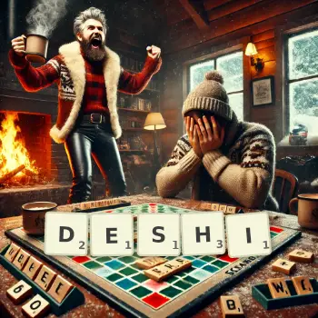 Creative illustration for a Scrabble game with the word DESHI spelled out in tiles on the board.