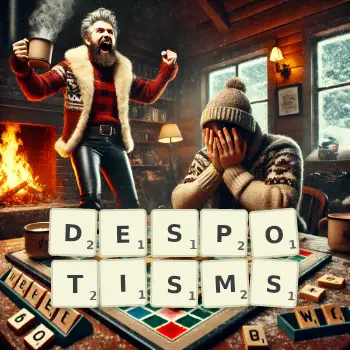 Creative illustration for a Scrabble game with the word DESPOTISMS spelled out in tiles on the board.