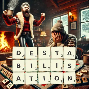 Creative illustration for a Scrabble game with the word DESTABILISATION spelled out in tiles on the board.