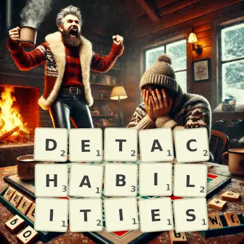 Creative illustration for a Scrabble game with the word DETACHABILITIES spelled out in tiles on the board.