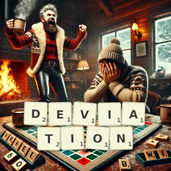 Creative illustration for a Scrabble game with the word DEVIATION spelled out in tiles on the board.