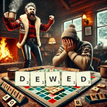 Creative illustration for a Scrabble game with the word DEWED spelled out in tiles on the board.