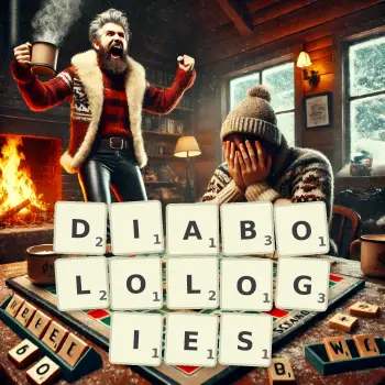 Creative illustration for a Scrabble game with the word DIABOLOLOGIES spelled out in tiles on the board.