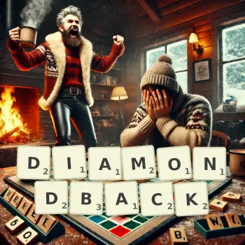 Creative illustration for a Scrabble game with the word DIAMONDBACK spelled out in tiles on the board.