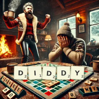 Creative illustration for a Scrabble game with the word DIDDY spelled out in tiles on the board.