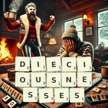 Creative illustration for a Scrabble game with the word DIECIOUSNESSES spelled out in tiles on the board.