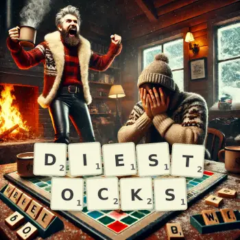 Creative illustration for a Scrabble game with the word DIESTOCKS spelled out in tiles on the board.