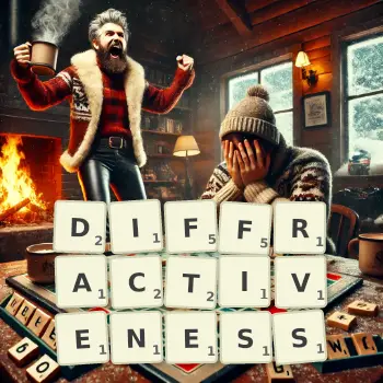 Creative illustration for a Scrabble game with the word DIFFRACTIVENESS spelled out in tiles on the board.