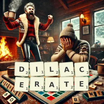 Creative illustration for a Scrabble game with the word DILACERATE spelled out in tiles on the board.