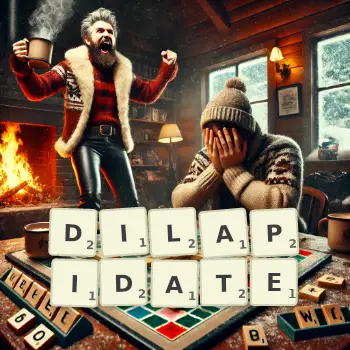 Creative illustration for a Scrabble game with the word DILAPIDATE spelled out in tiles on the board.