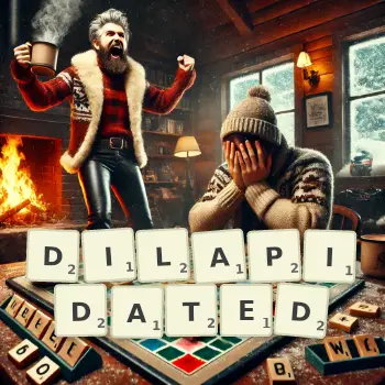 Creative illustration for a Scrabble game with the word DILAPIDATED spelled out in tiles on the board.