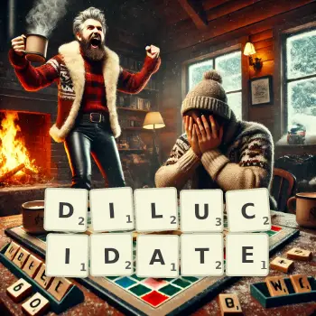 Creative illustration for a Scrabble game with the word DILUCIDATE spelled out in tiles on the board.