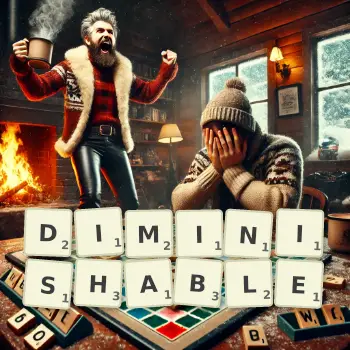Creative illustration for a Scrabble game with the word DIMINISHABLE spelled out in tiles on the board.