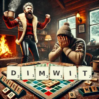 Creative illustration for a Scrabble game with the word DIMWIT spelled out in tiles on the board.