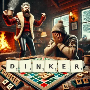 Creative illustration for a Scrabble game with the word DINKER spelled out in tiles on the board.