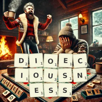Creative illustration for a Scrabble game with the word DIOECIOUSNESS spelled out in tiles on the board.