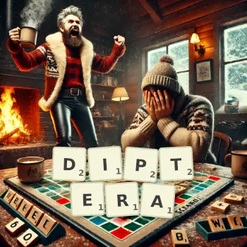 Creative illustration for a Scrabble game with the word DIPTERA spelled out in tiles on the board.