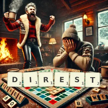 Creative illustration for a Scrabble game with the word DIREST spelled out in tiles on the board.