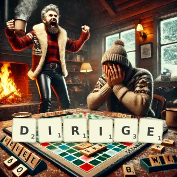Creative illustration for a Scrabble game with the word DIRIGE spelled out in tiles on the board.