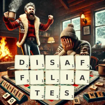Creative illustration for a Scrabble game with the word DISAFFILIATES spelled out in tiles on the board.