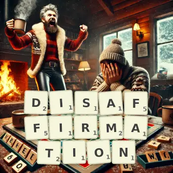 Creative illustration for a Scrabble game with the word DISAFFIRMATION spelled out in tiles on the board.