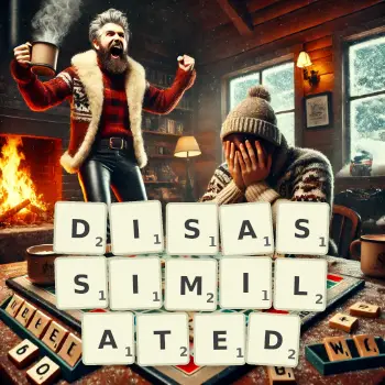 Creative illustration for a Scrabble game with the word DISASSIMILATED spelled out in tiles on the board.