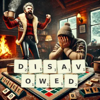 Creative illustration for a Scrabble game with the word DISAVOWED spelled out in tiles on the board.
