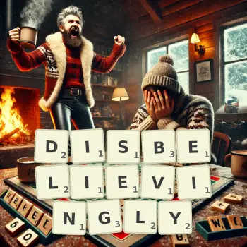 Creative illustration for a Scrabble game with the word DISBELIEVINGLY spelled out in tiles on the board.
