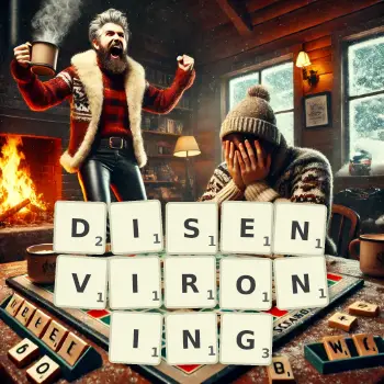 Creative illustration for a Scrabble game with the word DISENVIRONING spelled out in tiles on the board.