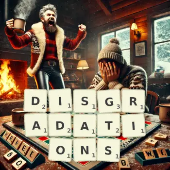 Creative illustration for a Scrabble game with the word DISGRADATIONS spelled out in tiles on the board.