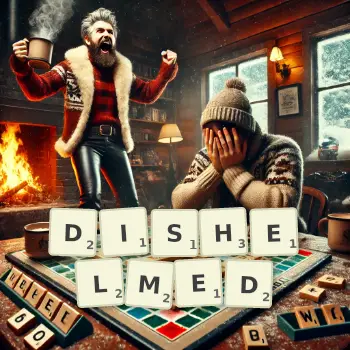 Creative illustration for a Scrabble game with the word DISHELMED spelled out in tiles on the board.