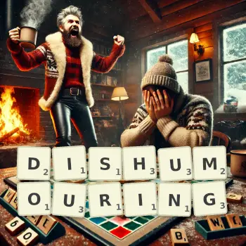 Creative illustration for a Scrabble game with the word DISHUMOURING spelled out in tiles on the board.