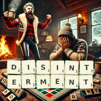 Creative illustration for a Scrabble game with the word DISINTERMENT spelled out in tiles on the board.