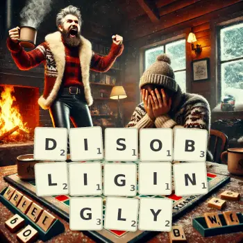 Creative illustration for a Scrabble game with the word DISOBLIGINGLY spelled out in tiles on the board.