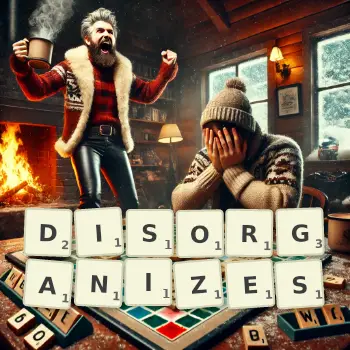 Creative illustration for a Scrabble game with the word DISORGANIZES spelled out in tiles on the board.