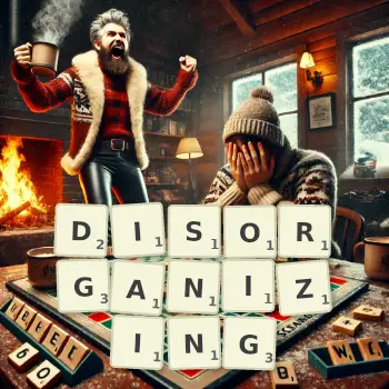 Creative illustration for a Scrabble game with the word DISORGANIZING spelled out in tiles on the board.