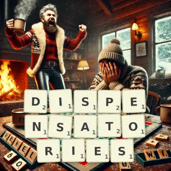 Creative illustration for a Scrabble game with the word DISPENSATORIES spelled out in tiles on the board.