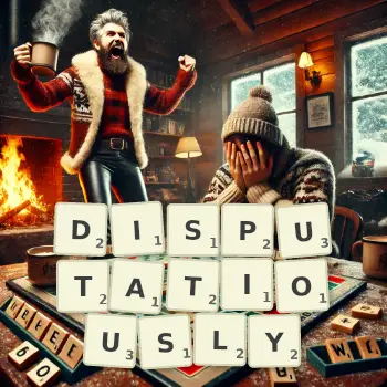 Creative illustration for a Scrabble game with the word DISPUTATIOUSLY spelled out in tiles on the board.